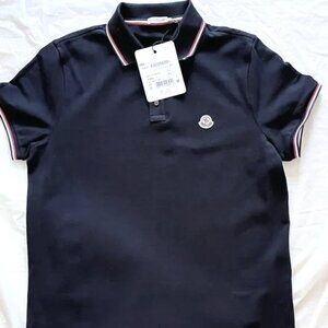 MONCLER 100% AUTHENTIC MEN'S LOGO PATCH BLACK POLO SHIRT SIZE: LARGE. SLIM FIT